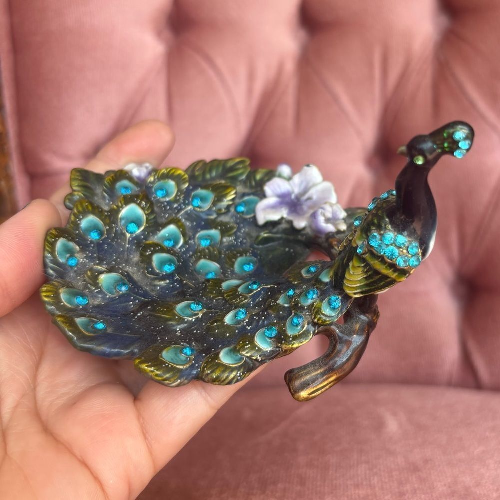 🦚 Jeweled Peacock Trinket Dish | Enamel Rhinestone Jewelry Holder | Floral
